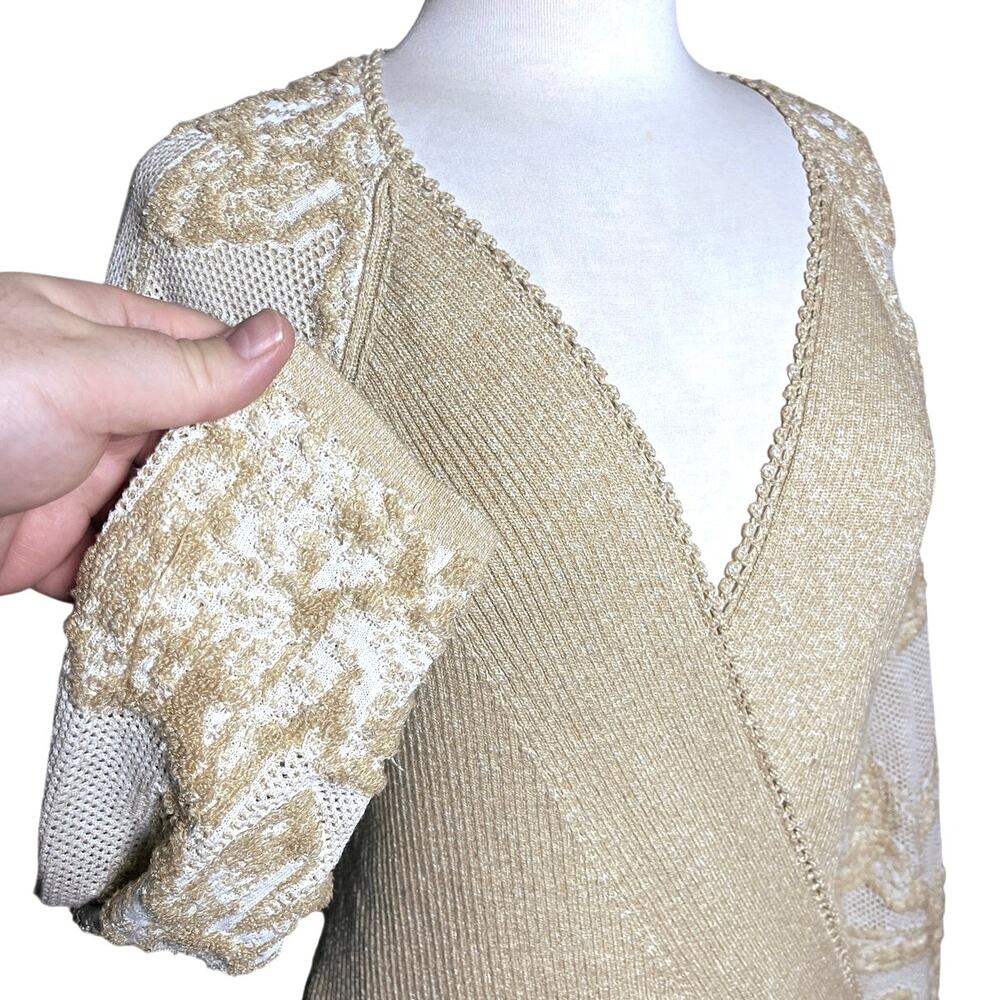 ANTHROPOLOGIE Women’s Tan Surplice Burnout Lace Sweater Knit Top - Picture 5 of 7